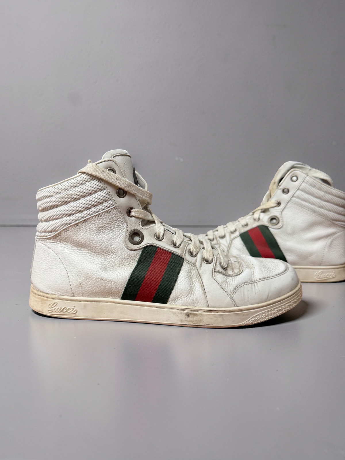 Gucci white stripe hightops